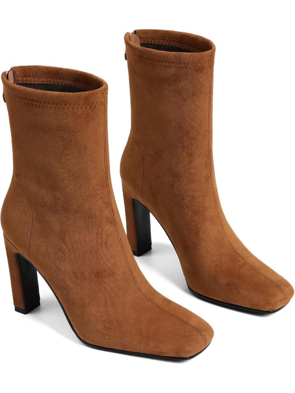 Women's Tan Square Toe Stretch Back Zipper Block High Heel Ankle Boots